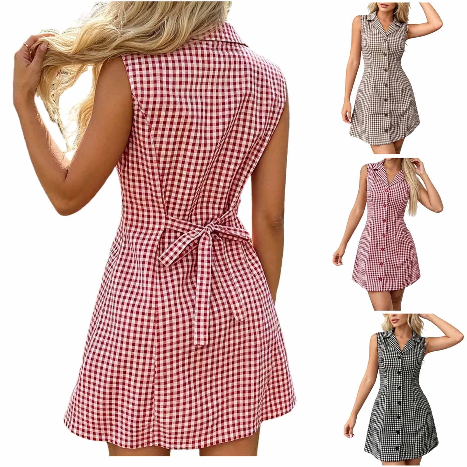 kala burgundy plaid button-front mini dress pockets real Women's Gingham Sleeveless Collared Button Front Tie Back Casual Dress with Red XS(XS) 95% Polyester