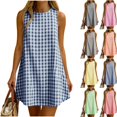 thumbnail image 1 of Women's Gingham Plaid Sleeveless Mini Dress Solid Crewneck Loose Tunic Dress Lightweight Sundress Lounge Vacation Short Dress Yellow, 1 of 9