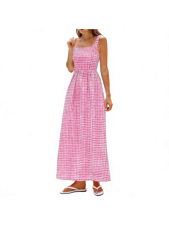 Women's Gingham Plaid Square Neck Maxi Dress, Sleeveless Wide Strap Smocked Waist Summer Beach Vacation Sundress, Casual Flowy Long Dress for Women S-2XL