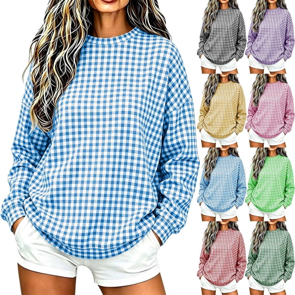 Women's Gingham Plaid Sweatshirt Crew Neck Long Sleeve Loose Fit Casual Pullover Top