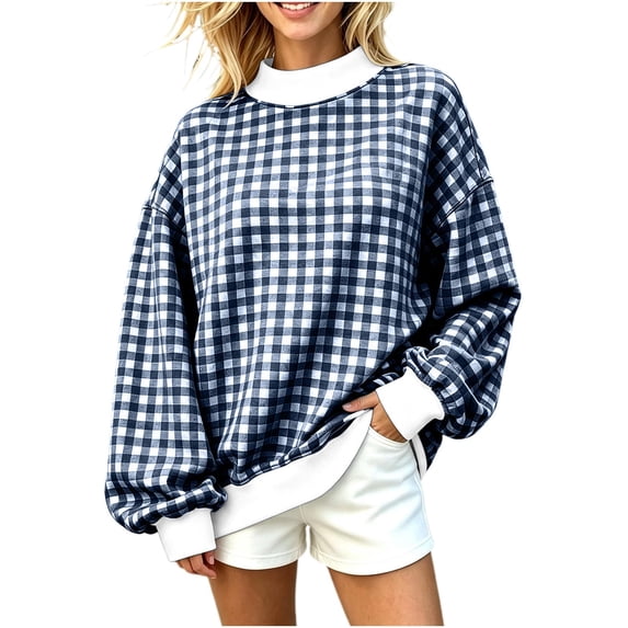 Women's Gingham Plaid Sweatshirt Long Sleeve Crewneck Casual Oversized Pullover Relaxed Fit Fall Top