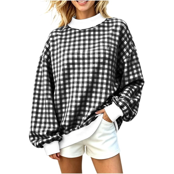Women's Gingham Plaid Sweatshirt Long Sleeve Crewneck Casual Oversized Pullover Relaxed Fit Fall Top