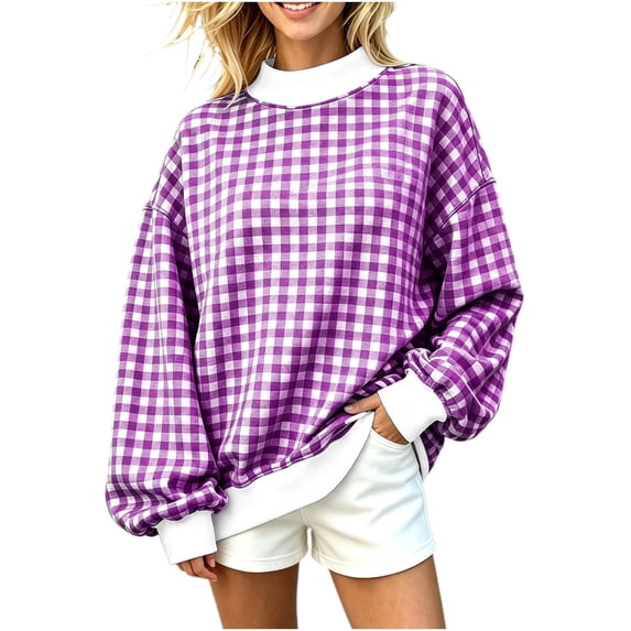 Women's Gingham Plaid Sweatshirt Long Sleeve Crewneck Casual Oversized Pullover Relaxed Fit Fall Top