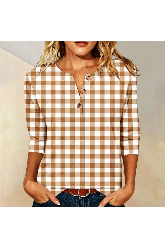 Women's Gingham Plaid Tee 3/4 Sleeve Henley Partial Button Neck Soft Loose Fit Casual Check Pattern Daily Blouse Khaki L