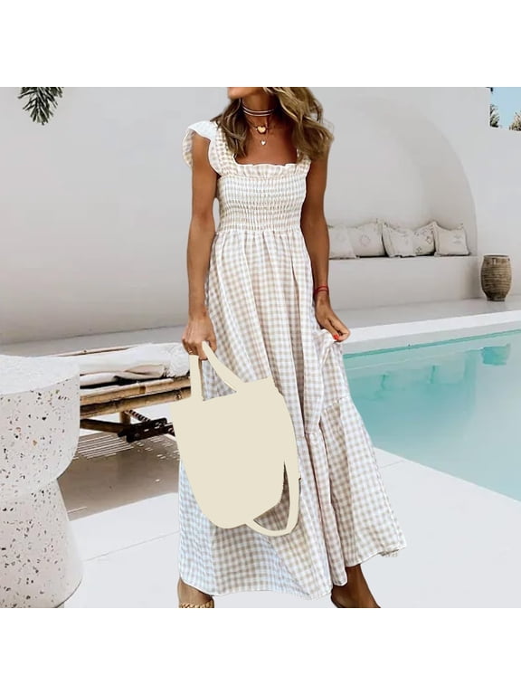 Women's Gingham Plaid Tiered Maxi Dress, Square Neck Ruffle Strap Smocked Waist Flowy Long Sundress, Casual Summer Dress for Beach Vacation Daily Wear 01-Beige XL