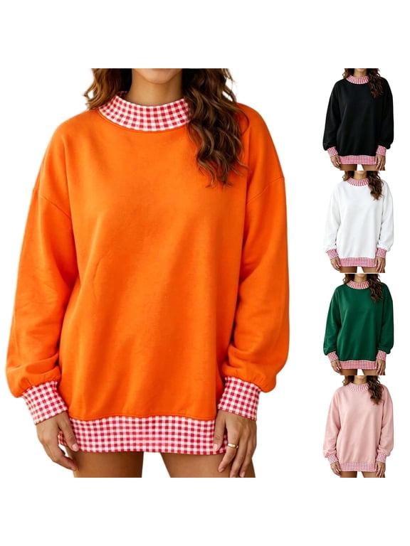 Women's Gingham Plaid Trim Sweatshirt Crew Neck Long Sleeve Loose Fit Casual Pullover Top