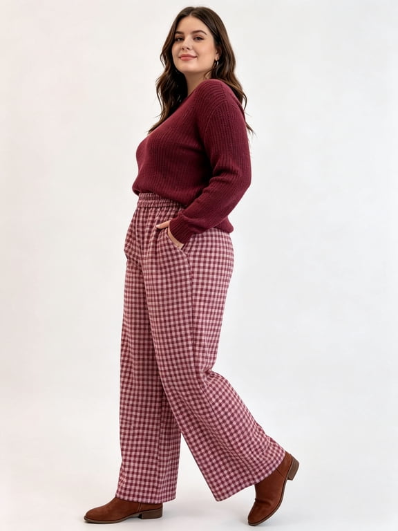 Women's Gingham Plaid Wide Leg Pull-On Pants with Elastic Waist & Pockets, Sizes 3XL-8XL