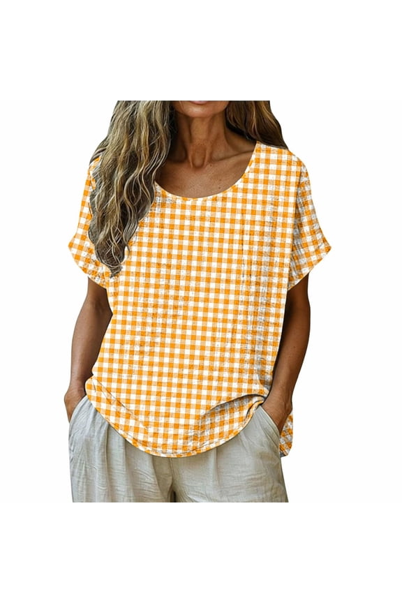 Women's Gingham Print Tops Crew Neck Short Sleeve Linen T-Shirt Breathable Summer Top for Going Out Vacation Orange 3XL