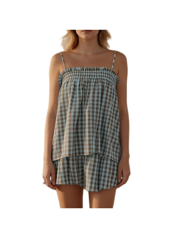 Women's Gingham Set Plaid Camisole and Wide Leg Pants Short Sets for Women 2 Piece Outfit 02 S