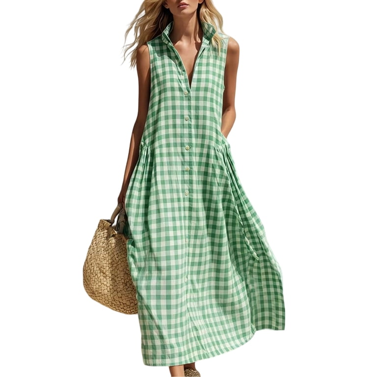 Women's Gingham Shirt Dress, Plaid Sleeveless Button Up Maxi Dresses, Loose Fit V Neck Checked Summer Beach Vacation Long Sundress with Pockets