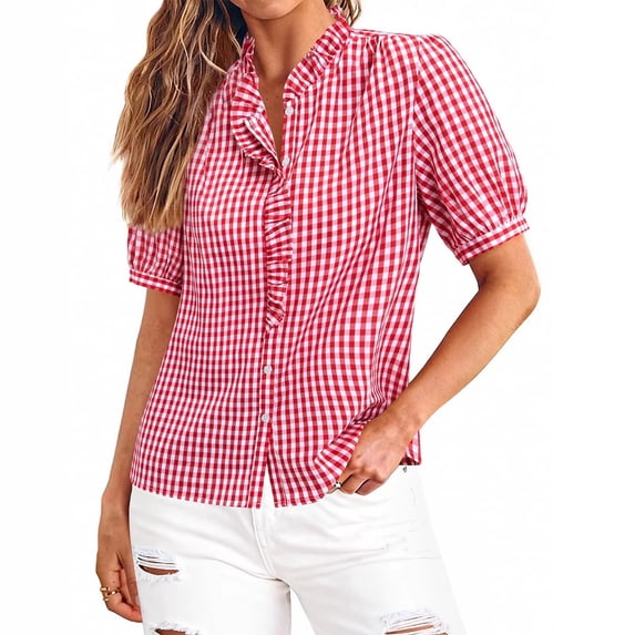 Women's Gingham Shirts Short Sleeve Button Down Lightweight Breathable Pullover Tops Soft Textured Comfortable Tees and Sleeveless Summer Tank Tops Red L