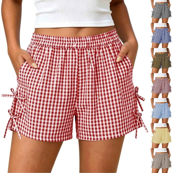 Women's Gingham Shorts Elastic Drawstring Waist Wide Leg Shorts with Side Bow Casual Lightweight Breathable Summer Loungewear Red S
