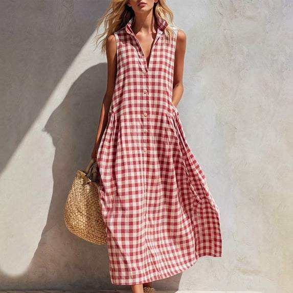 Women's Gingham Sleeveless Maxi Dress – Stand Collar Button Down A Line Dress with Pockets – Loose Fit Summer Beachwear – Size XS-XXXL