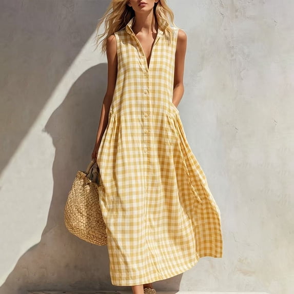 Women's Gingham Sleeveless Maxi Dress – Stand Collar Button Down A Line Dress with Pockets – Loose Fit Summer Beachwear – Size XS-XXXL
