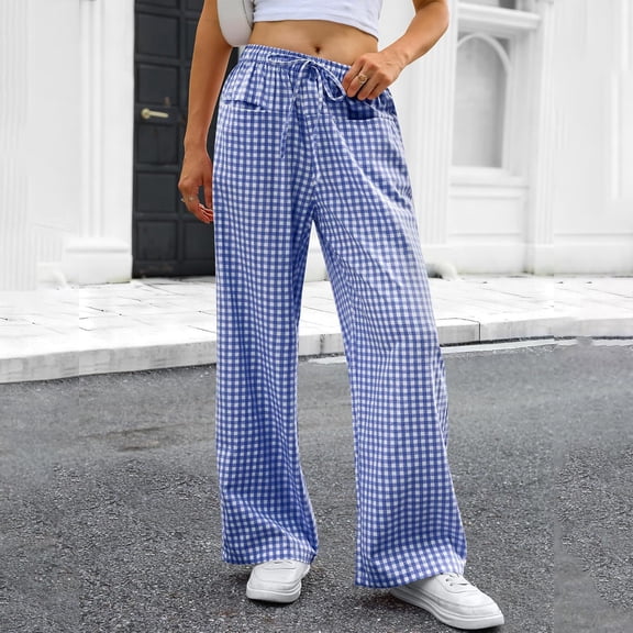 Women's Gingham Striped Pants Wide Leg Elastic Waist Casual Trousers with Drawstring Blue L
