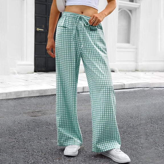 Women's Gingham Striped Pants Wide Leg Elastic Waist Casual Trousers with Drawstring Green M