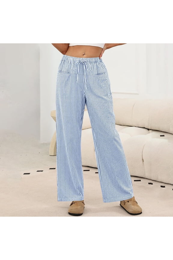 Women's Gingham Striped Pants Wide Leg Elastic Waist Casual Trousers with Drawstring Sky Blue L