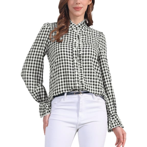 Women's Gingham Tops Ruffle V Neck Blouse Button Front Long Sleeve Plaid Shirt M Black