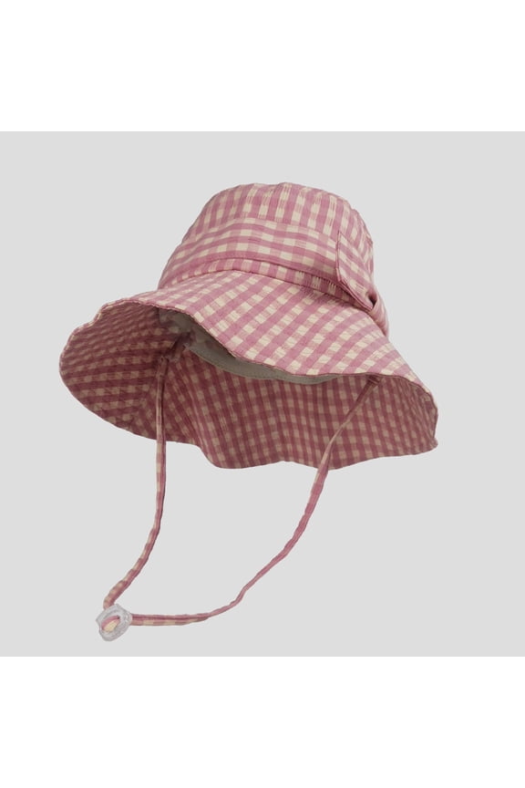 Women's Gingham Wide - Brim Sun Hat with Bow Chin Strap - Red