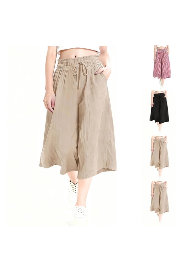 Women's Gingham Wide Leg Cropped Pants Plaid Trousers Elastic Waist Casual Loose Palazzo Pants with Pockets Flowy Lightweight, #02 White, XXL