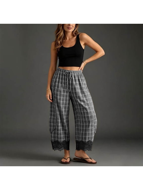 Women's Gingham Wide Leg Pants,Elastic Drawstring Waist Plaid Barrel Trousers with Pockets,Lace Hem Lounge Trousers for Casual Outing,High Waisted Loose Comfy Lounge Pants Black L