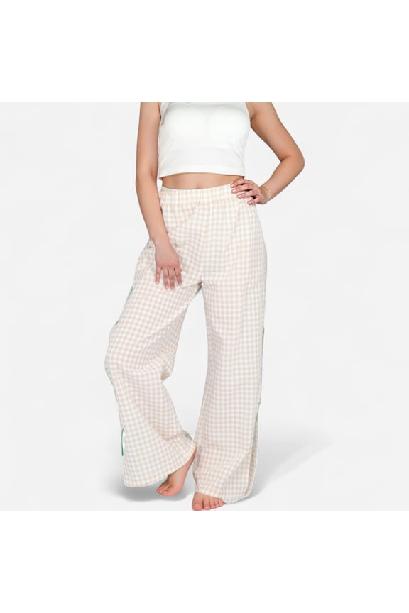 Women's Gingham Wide Leg Pants with Elastic Waistband Contrast Side Ribbon Tie Details - Light Beige, Medium