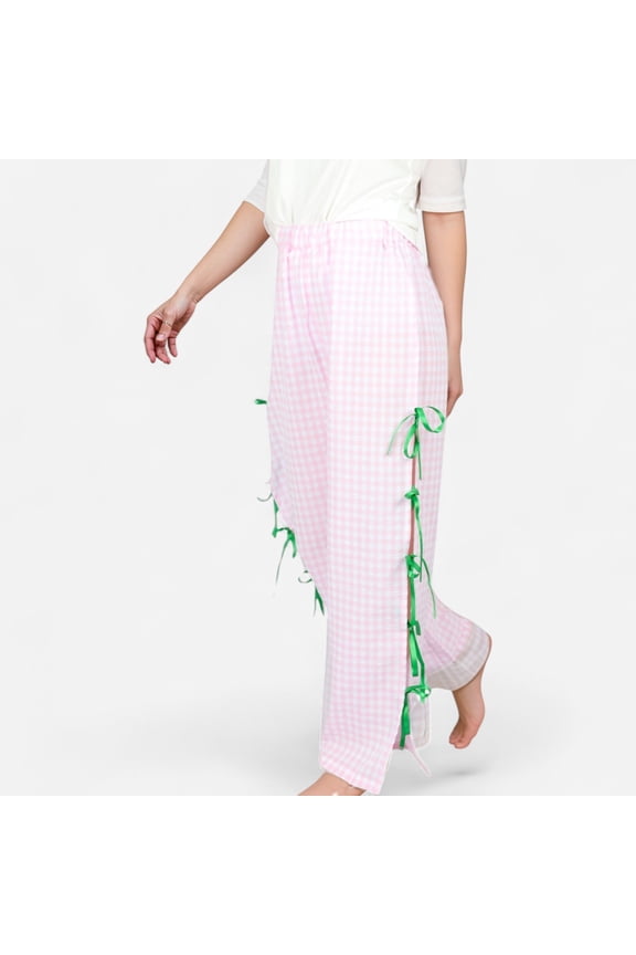 Women's Gingham Wide Leg Pants with Elastic Waistband Contrast Side Ribbon Tie Details - Pink, X Large