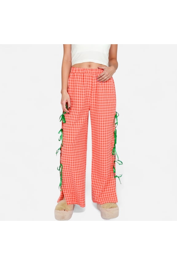 Women's Gingham Wide Leg Pants with Elastic Waistband Contrast Side Ribbon Tie Details - Red, Small