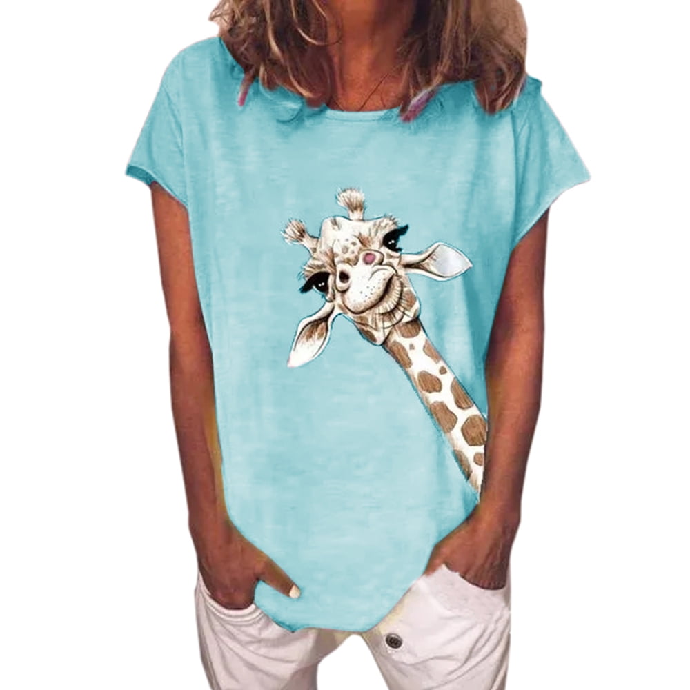 Women s Giraffe Print Crew Neck Summer Solid Color Short Sleeve T Shirt Loose Tops Walmart