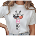 thumbnail image 1 of Women's Giraffe With USA Flag Sunglasses Bubblegum Aesthetic Graphic T Shirt Short Sleeve Round Neck Top White S-5XL, 1 of 5