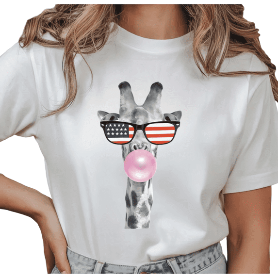 Women's Giraffe With USA Flag Sunglasses Bubblegum Aesthetic Graphic T Shirt Short Sleeve Round Neck Top White S-5XL