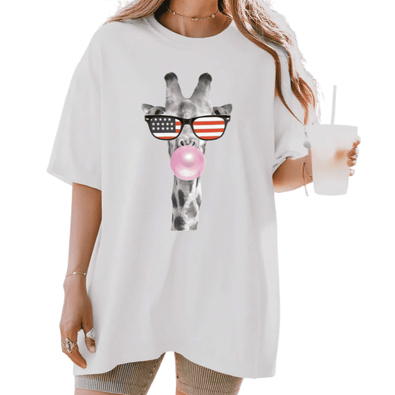 Women's Giraffe With USA Flag Sunglasses Bubblegum Aesthetic Graphic T Shirt Short Sleeve Round Neck Top White S-5XL