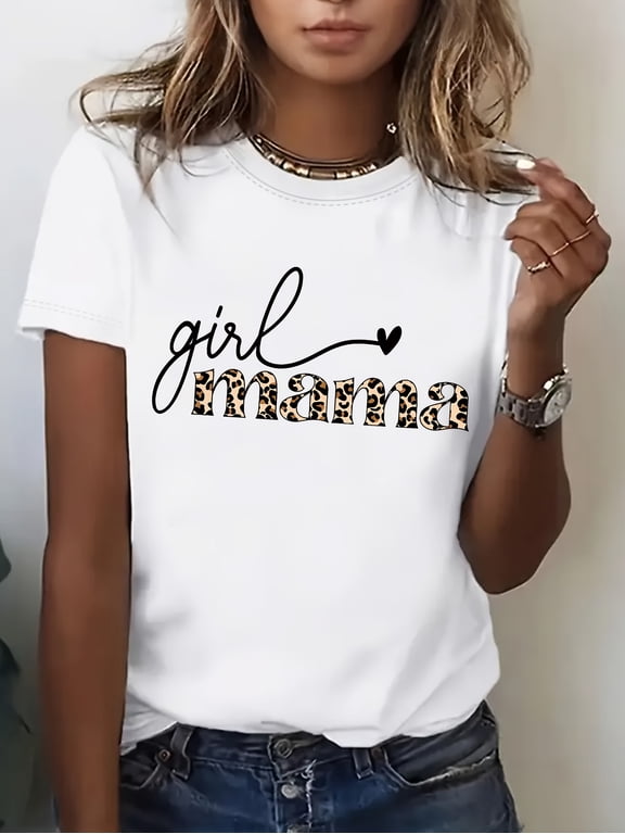 Women's Girl Mama Leopard Print Graphic T-Shirt Short Sleeve Casual Mom Tee
