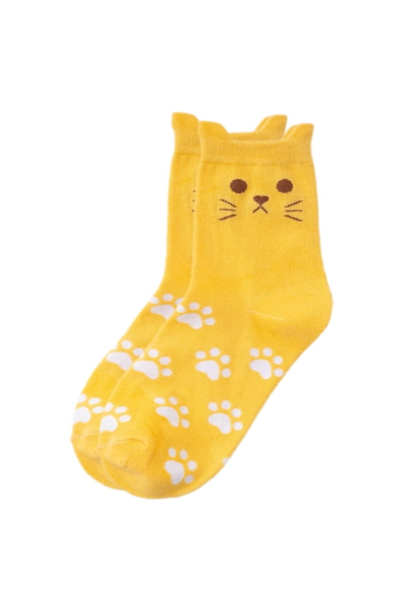 Women's Girls Cotton Middle Calf Socks withCats Ear and Paws Print Novelty Funny Cartoon Socks Hosiery