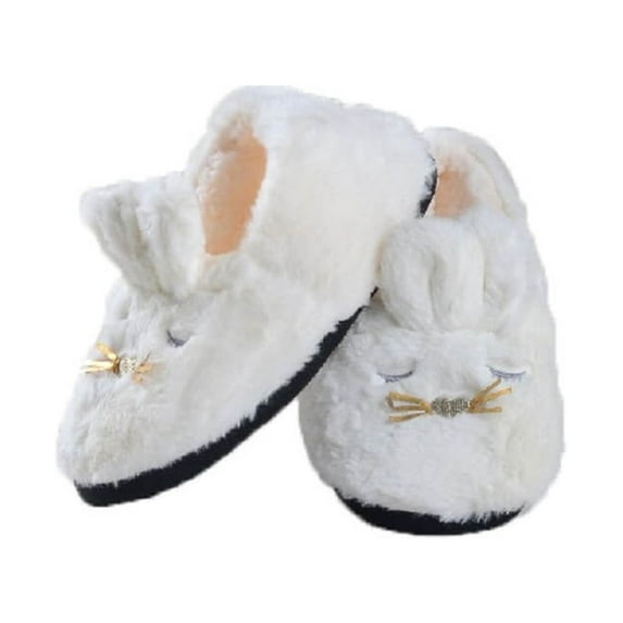Women's Girls Cute Plush Rabbit Furry Bunny Faux Sherpa House Slippers Christmas Slippers, White M/L