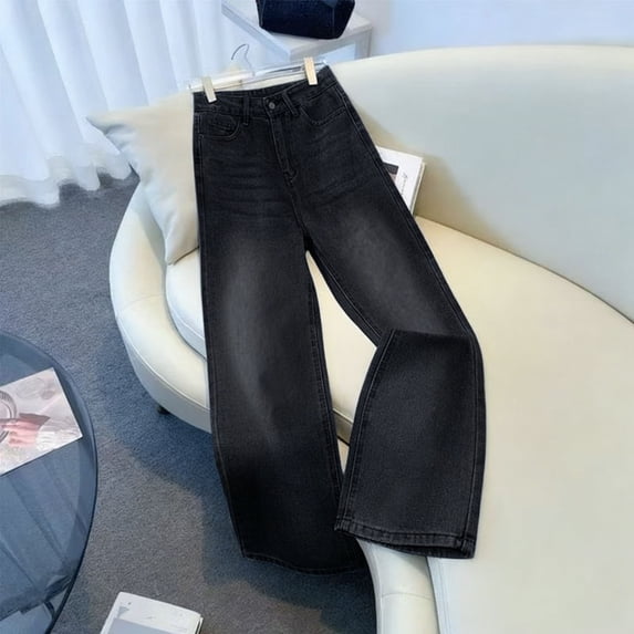 Women's Girls High Waist Straight Leg Jeans, Vintage Washed Loose Fitting Casual Denim Pants Streetwear Trousers Black XXL