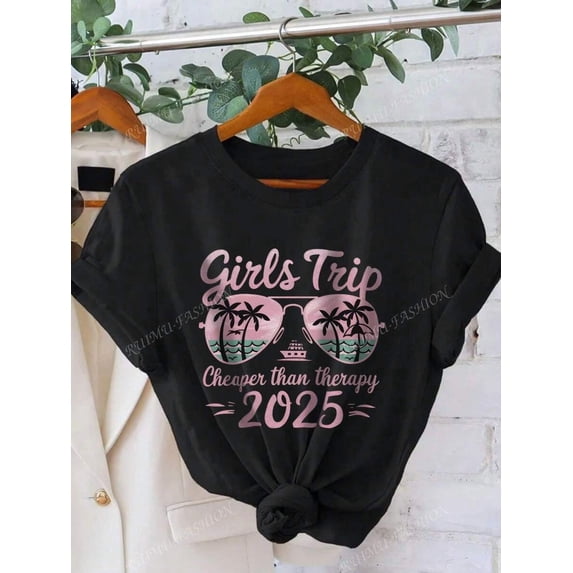 Women's Girls Trip Printed T-Shirt, Palm Tree Sunglasses Design, Vacation Style Suitable For Beach, Summertime, Fashion Casual Solid Color Short Sleeve Crew Neck Top