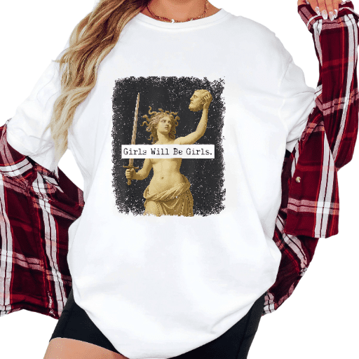 Women's "Girls Will Be Girls" Mythology Art Feminist Empowerment Breathable T Shirt Short Sleeve Round Neck Top White S-5XL