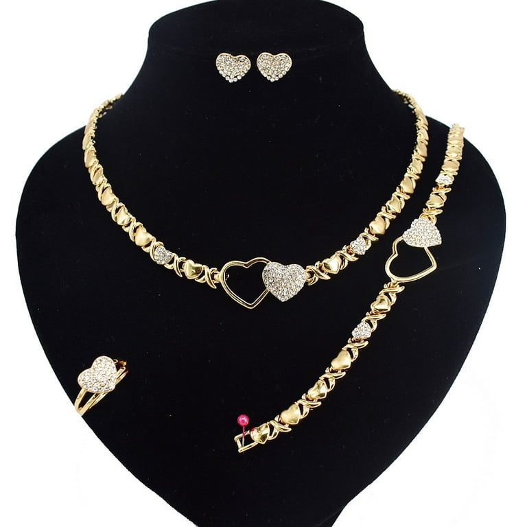 Women's Girls XOXO Hugs & Kisses Necklace Set - Ring Bracelet & Earrings  Jewelry Set 18k Real Gold Plated