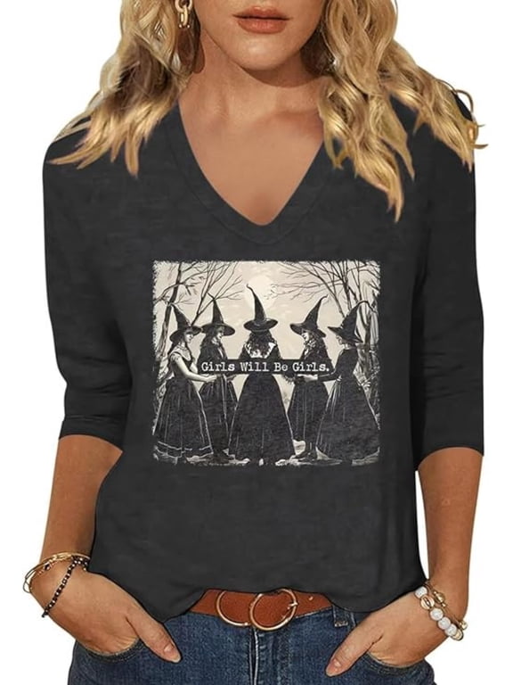 Women's Girls will be Girls Graphic 3/4 Sleeve V Neck Shirt Halloween Fall Witch Party Long Sleeve Tee,Grey1,L