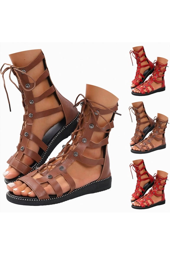 Women's Gladiator Flat Sandals Lace up Summer Casual Peep Toe Mid Calf Boots Strappy Studded Breathable Zip up Shoes Red Size 9