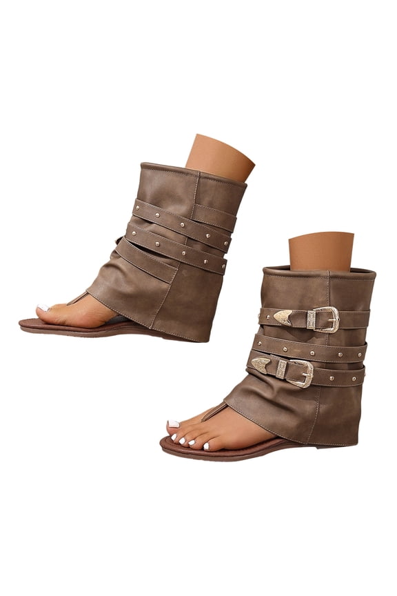 Women's Gladiator Flat Sandals Summer Open Toe Ankle Buckle Strap Flip Flops Shoes Fashion Travel Leather Knee High Boots Khaki Size 6