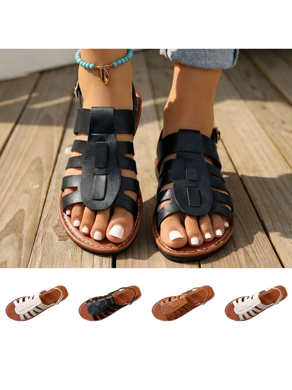 Women's Gladiator Flat Sandals, Wide Width Fish Toe Summer Sandals for Women, Adjustable Buckle Casual Beach Shoes, Non-Slip Walking Sandals