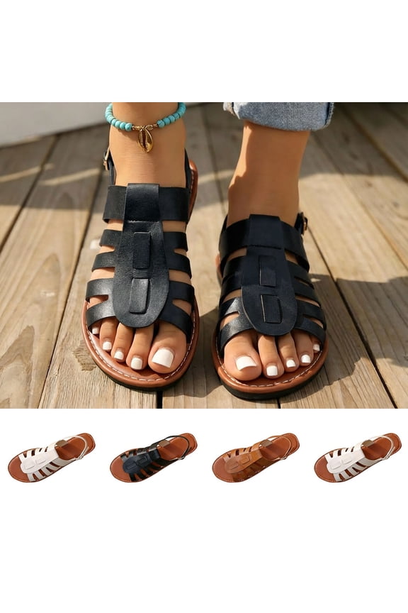 Women's Gladiator Flat Sandals, Wide Width Fish Toe Summer Sandals for Women, Adjustable Buckle Casual Beach Shoes, Non-Slip Walking Sandals
