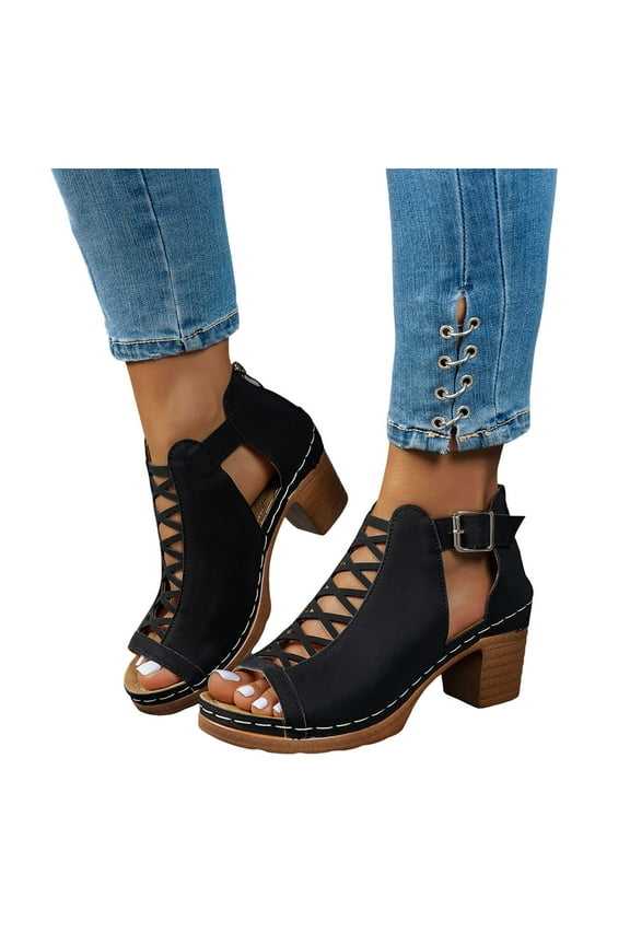 Women's Gladiator Sandals 2025 Vintage Peep Toe Chunky Block High Heels Cowboy Booties Summer Fall Shoes