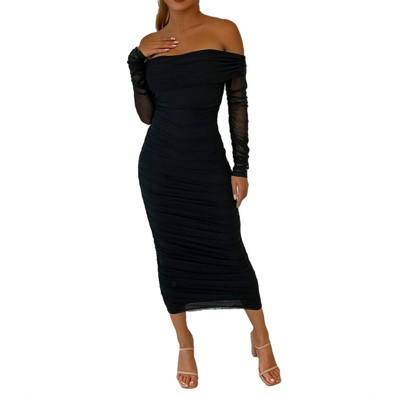 Women s Glamorous Off Shoulder Long Sleeve Mesh Bodycon Dress L 8