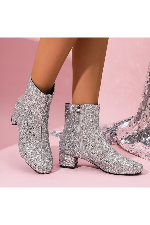 Women's Glitter Ankle Boots Sequin Sparkly Booties Side Zipper Party Dress Shoes (Silver 10)