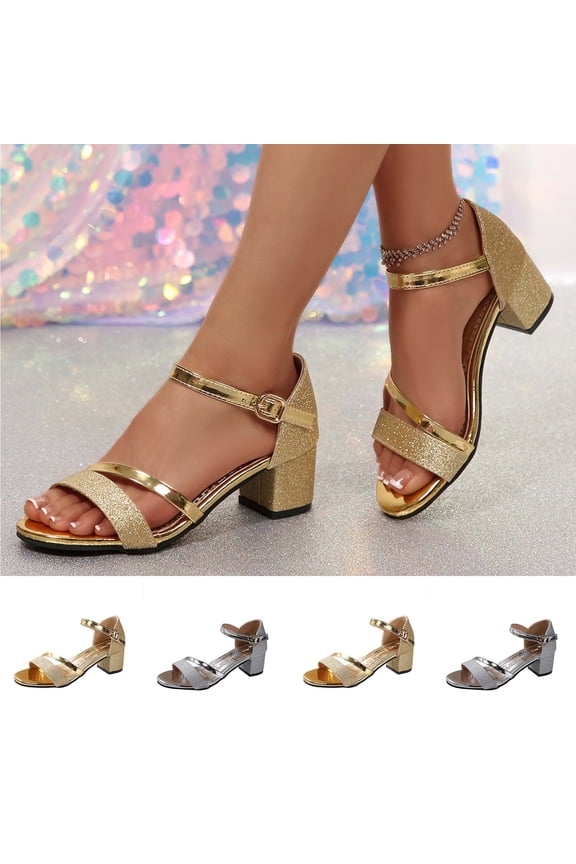 Women's Glitter Block Heel Dress Sandals Casual Open Toe Wide Width Comfortable Non Slip Buckle Strap Shoes for Summer Wedding Party Daily Wear