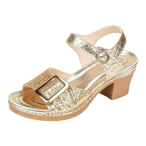 Women's Glitter Block Heel Sandals Peep Toe Wide Width Slip on Wedding Party Shoes with Buckle Strap Gold Size 9