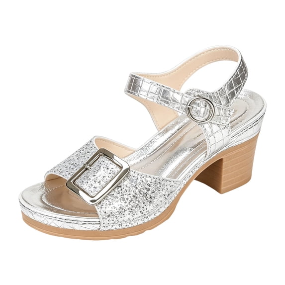 Women's Glitter Block Heel Sandals Peep Toe Wide Width Slip on Wedding Party Shoes with Buckle Strap Silver Size 7.5